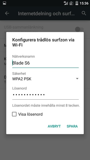 Ange ett lösenord bestående av minst  8  tecken och välj  SPARA