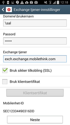 Skriv inn Brukernavn og Exchange-serveradresse. Velg Neste