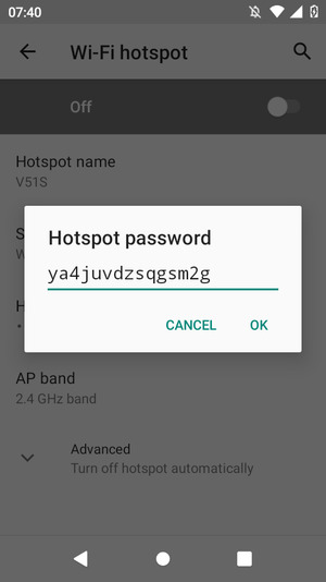 Enter a Wi-Fi hotspot password of at least 8 characters and select OK
