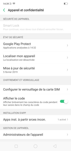 Faites défiler et sélectionnez Configurer le verrouillage de la carte SIM