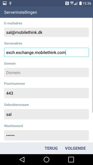 Voer Exchange serveradres en Gebruikersnaam in. Selecteer VOLGENDE