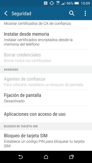 Para cambiar el PIN de la tarjeta SIM, vuelva al menú Seguridad, desplácese y seleccione Bloqueo de tarjeta SIM