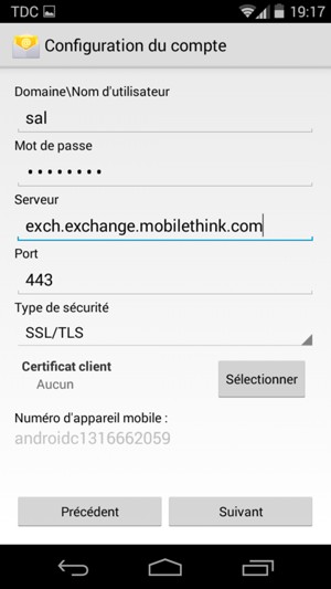 Saisissez votre Nom d'utilisateur et l'adresse du serveur Exchange. Sélectionnez Suivant