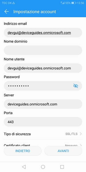 Inserisci l'indirizzo del server Exchange e seleziona AVANTI