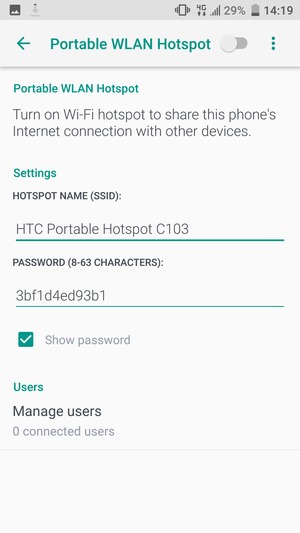 Enter a password of at least 8 characters and turn on Portable WLAN Hotspot
