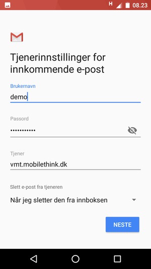 Skriv inn Brukernavn og innkommende serveradresse. Velg NESTE