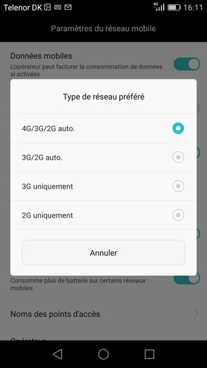 Sélectionnez 2G uniquement / GSM uniquement pour activer 2G