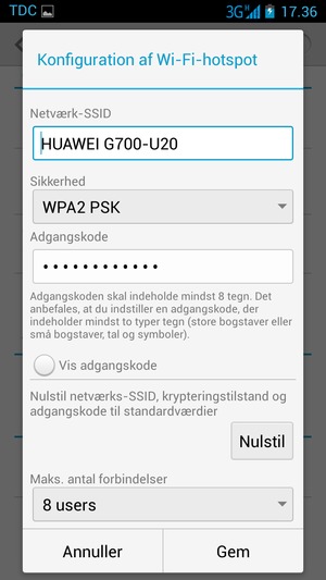 Indtast en Wi-Fi-hotspot adgangskode på minimum 8 tegn og vælg Gem