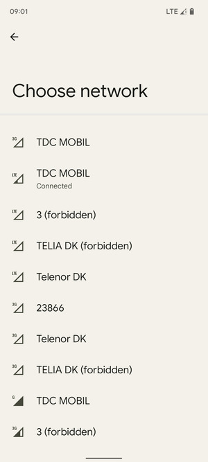 Select a network operator from the list