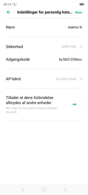 Indtast en Wi-Fi-hotspot adgangskode på minimum 8 tegn og vælg Gem