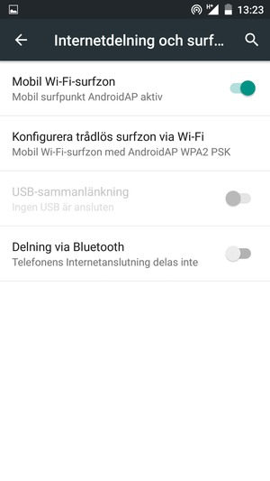 Din telefon har nu ställts in för att kunna användas som ett modem