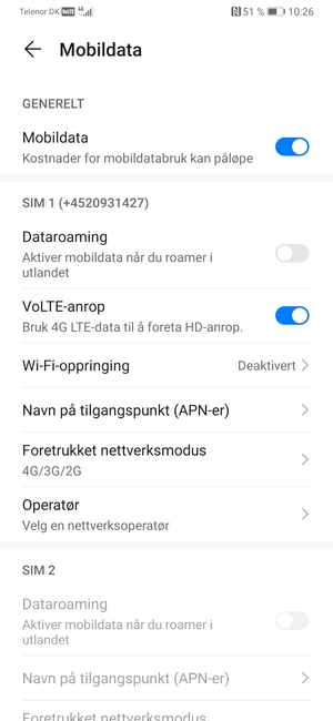 Bla til SIM 1 eller SIM 2 og velg Navn på tilgangspunkt (APN-er)