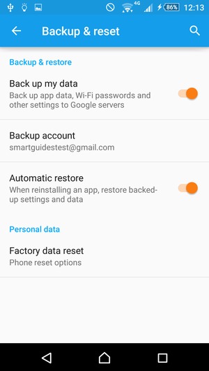 Turn on Back up my data  and select Backup account