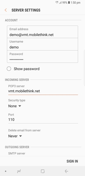 Enter Username and Incoming server address