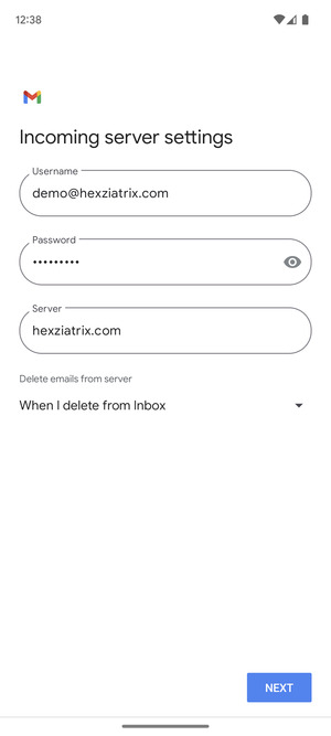 Enter Username and Incoming server address. Select NEXT