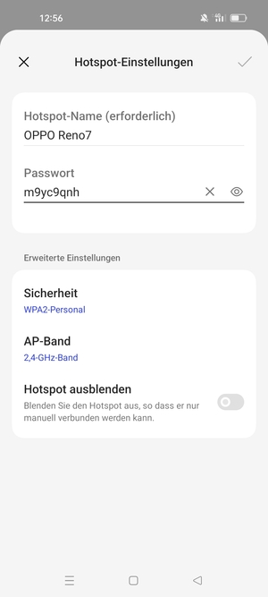 Geben Sie eine WLAN-Hotspot-Passwort mit mindestens 8 Zeichen ein und wählen Sie OK