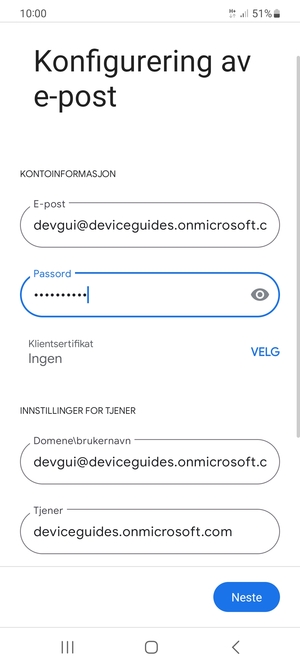 Skriv inn Brukernavn og Exchange serveradresse. Velg Neste