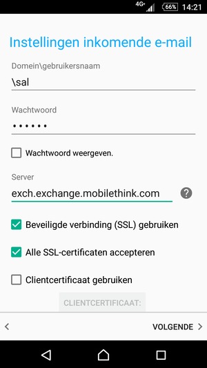 Voer Gebruikersnaam en Exchange serveradres in. Selecteer VOLGENDE