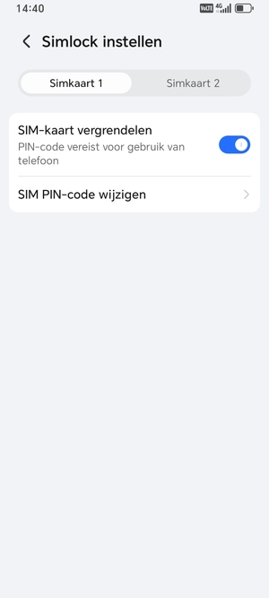 Selecteer Simkaart 1 of Simkaart 2 en selecteer SIM PIN-code wijzigen