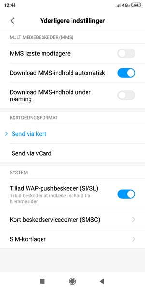 Vælg Kort beskedservicecenter (SMSC)