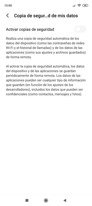 Active Activar copias de seguridad