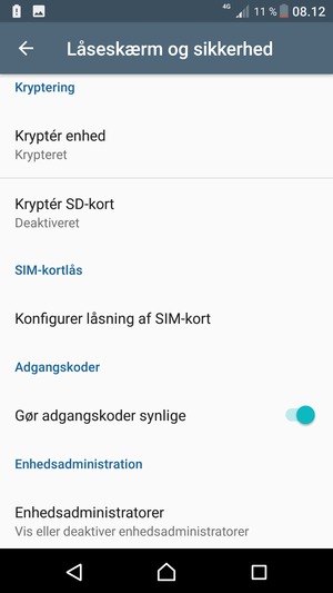 For at ændre PIN-koden til sim-kortet, vend tilbage til menuen Låseskærm og sikkerhed og scroll til og vælg Konfigurer låsning af SIM-kort