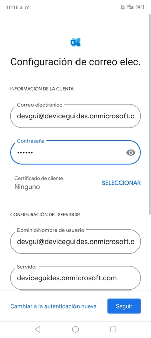 Introduzca Nombre de usuario y la dirección de servidor Exchange. Seleccione Seguir