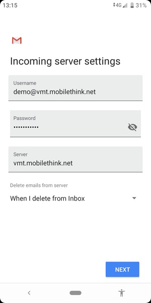 Enter Username and Incoming server address. Select NEXT