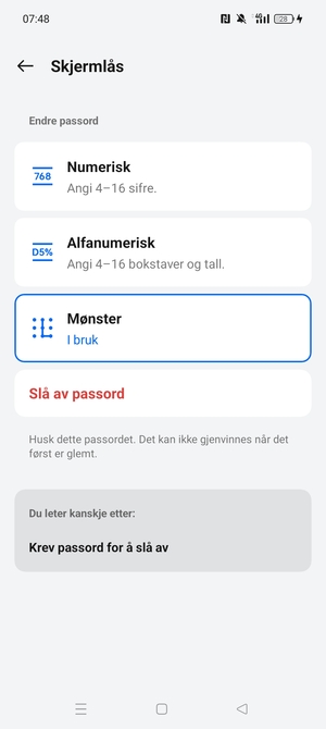 Telefonen din er nå sikret med en skjermlås