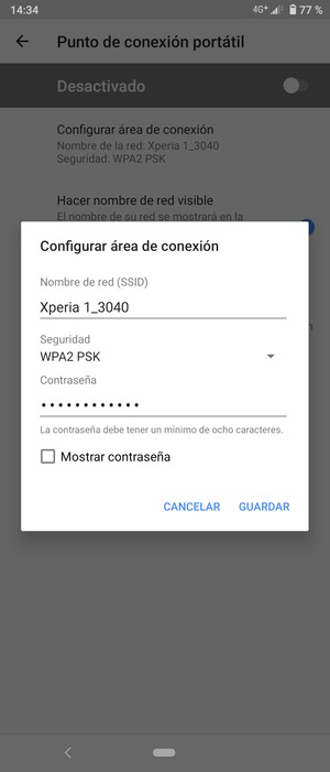 Introduzca una contraseña de punto de acceso Wi-Fi de al menos 8 caracteres y seleccione GUARDAR