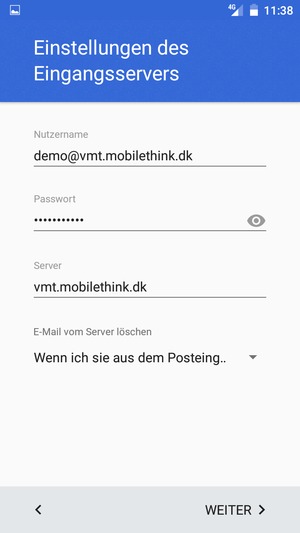 Geben Sie Benutzername und die Server-Adresse für eingehende Post ein. Wählen Sie WEITER
