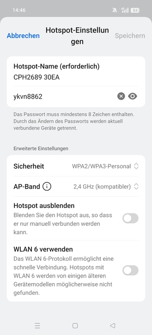 Geben Sie eine WLAN-Hotspot-Passwort mit mindestens 8 Zeichen ein und wählen Sie Speichern