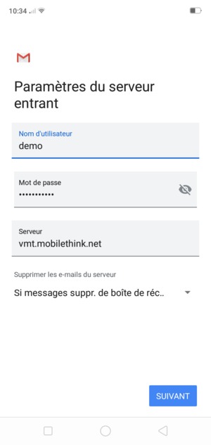 Saisissez votre Nom d'utilisateur et l'adresse du serveur entrant. Sélectionnez SUIVANT