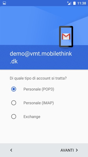 Seleziona Personale (POP3) o Personale (IMAP) e poi AVANTI