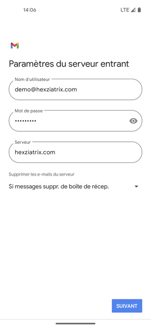 Saisissez votre Nom d'utilisateur et l'adresse du serveur entrant. Sélectionnez SUIVANT