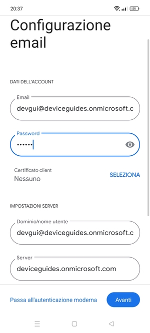 Inserisci Nome utente e l'indirizzo del server Exchange. Seleziona Avanti