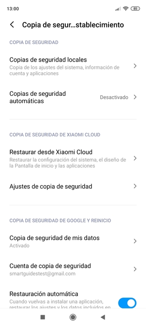 Seleccione Cuenta de copia de seguridad
