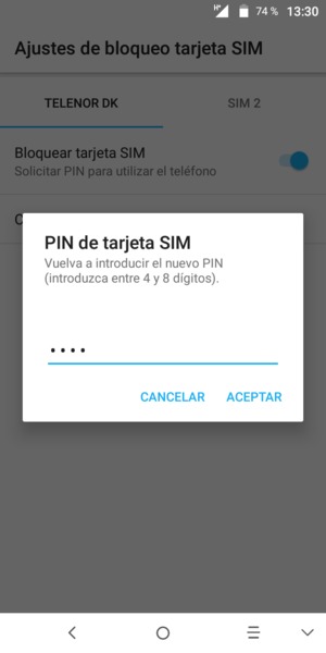 Confirme su nuevo PIN de la tarjeta SIM y seleccione ACEPTAR