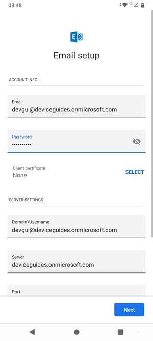 Enter Username and Exchange server address. Select Next