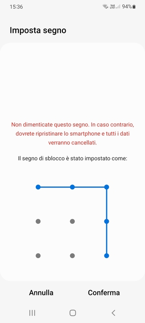 Disegna nuovamente la sequenza di sblocco e seleziona Conferma