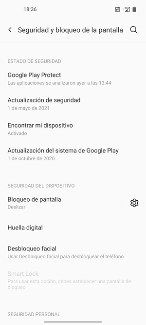 Para activar su bloqueo de pantalla, vaya al menú Seguridad y bloqueo de la pantalla y seleccione Bloqueo de pantalla