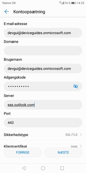 Indtast Exchange serveradresse og vælg NÆSTE