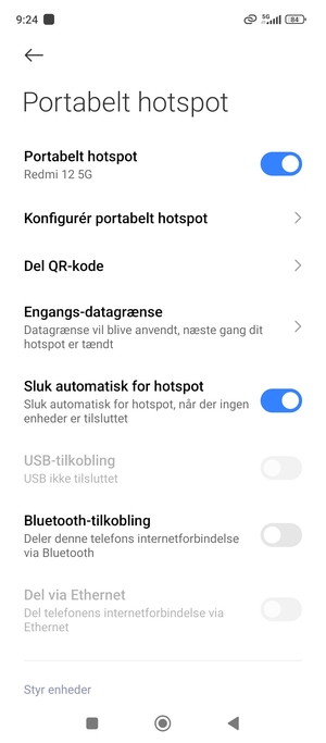 Din telefon er nu sat op til brug som modem