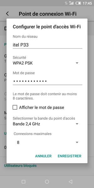 Saisissez un mot de passe de hotspot Wi-Fi d'au moins 8 caractères et sélectionnez ENREGISTRER