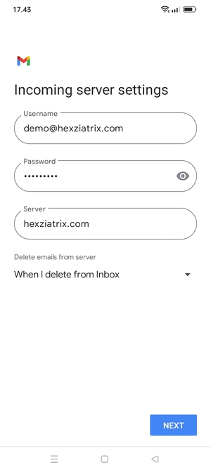 Enter Username and Incoming server address. Select NEXT