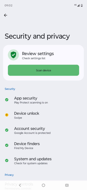 To activate your screen lock, go to the Security & privacy menu and select Device unlock