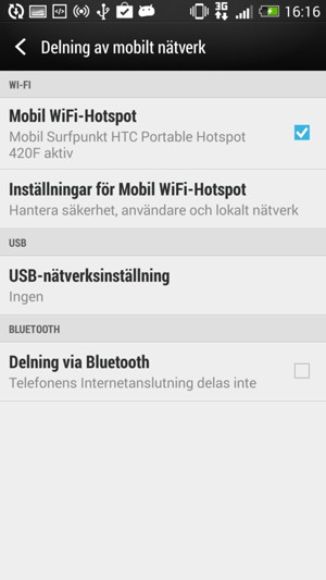 Din telefon har nu ställts in för att kunna användas som ett modem