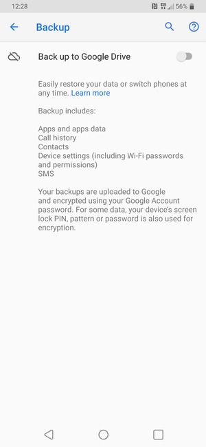 Turn on Back up to Google Drive