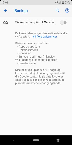 Aktiver Sikkerhedskopiér til Google..