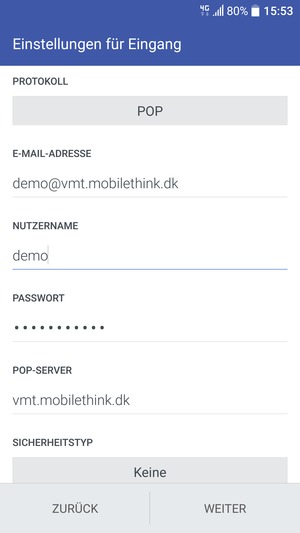 Geben Sie Nutzername und Eingehende Server-Adresse ein. Wählen Sie WEITER